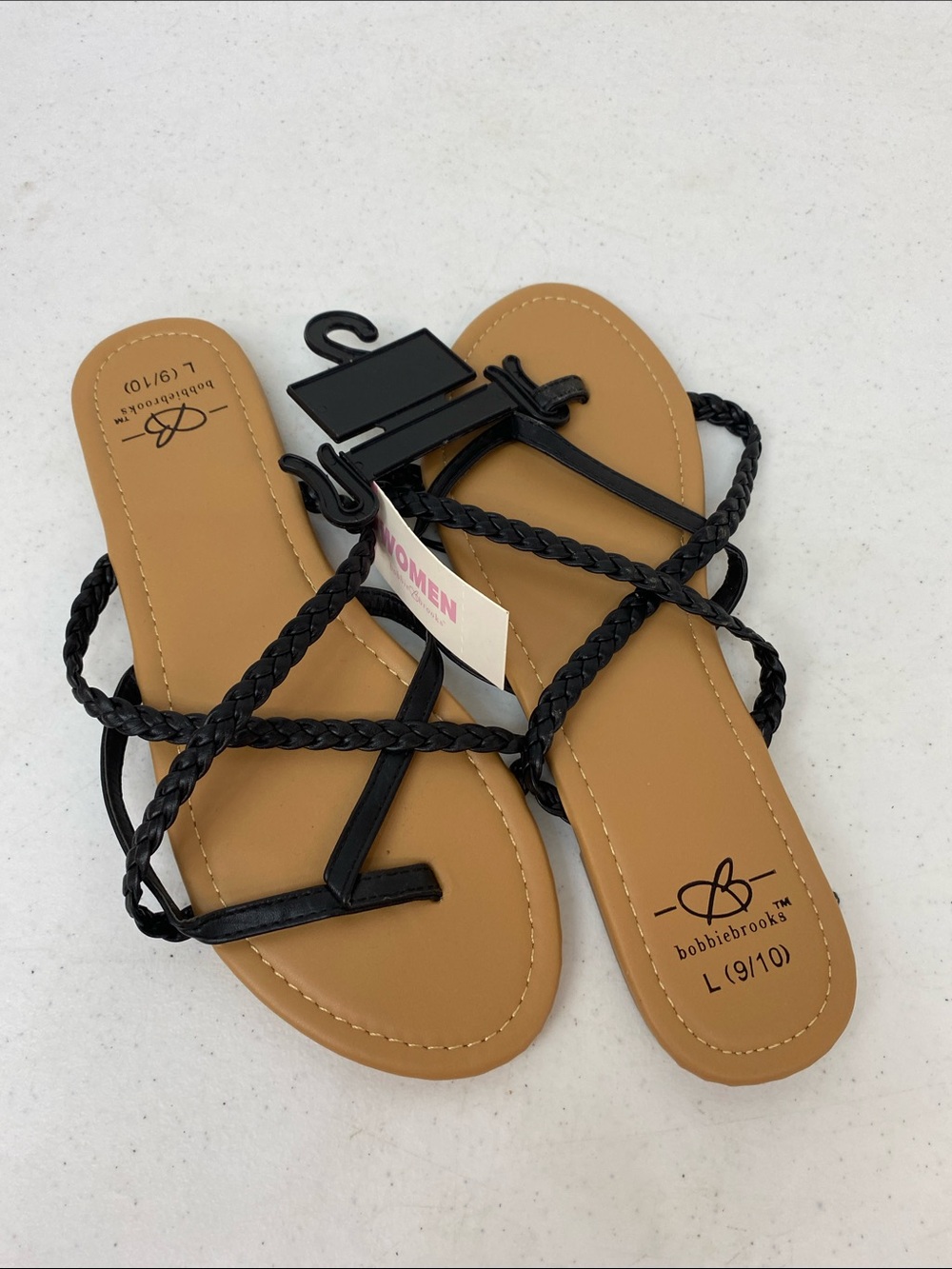 Bobbie Brooks Black Braided Strap Slide Sandals with Tan Footbed size 9/10